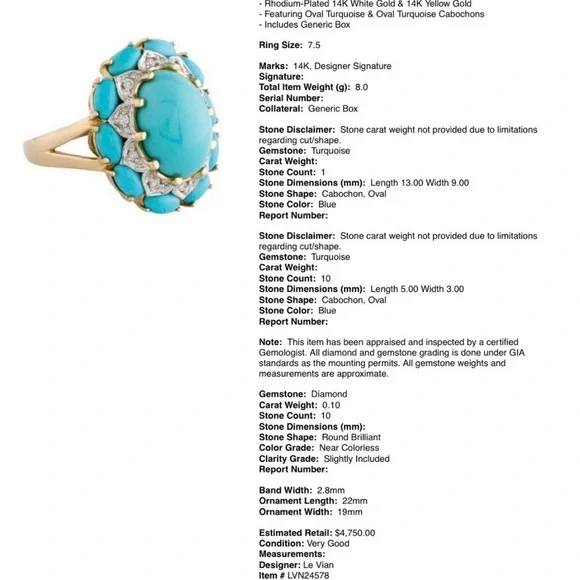 Le Vian Elegant Turquoise and Women's Ring size 7.5